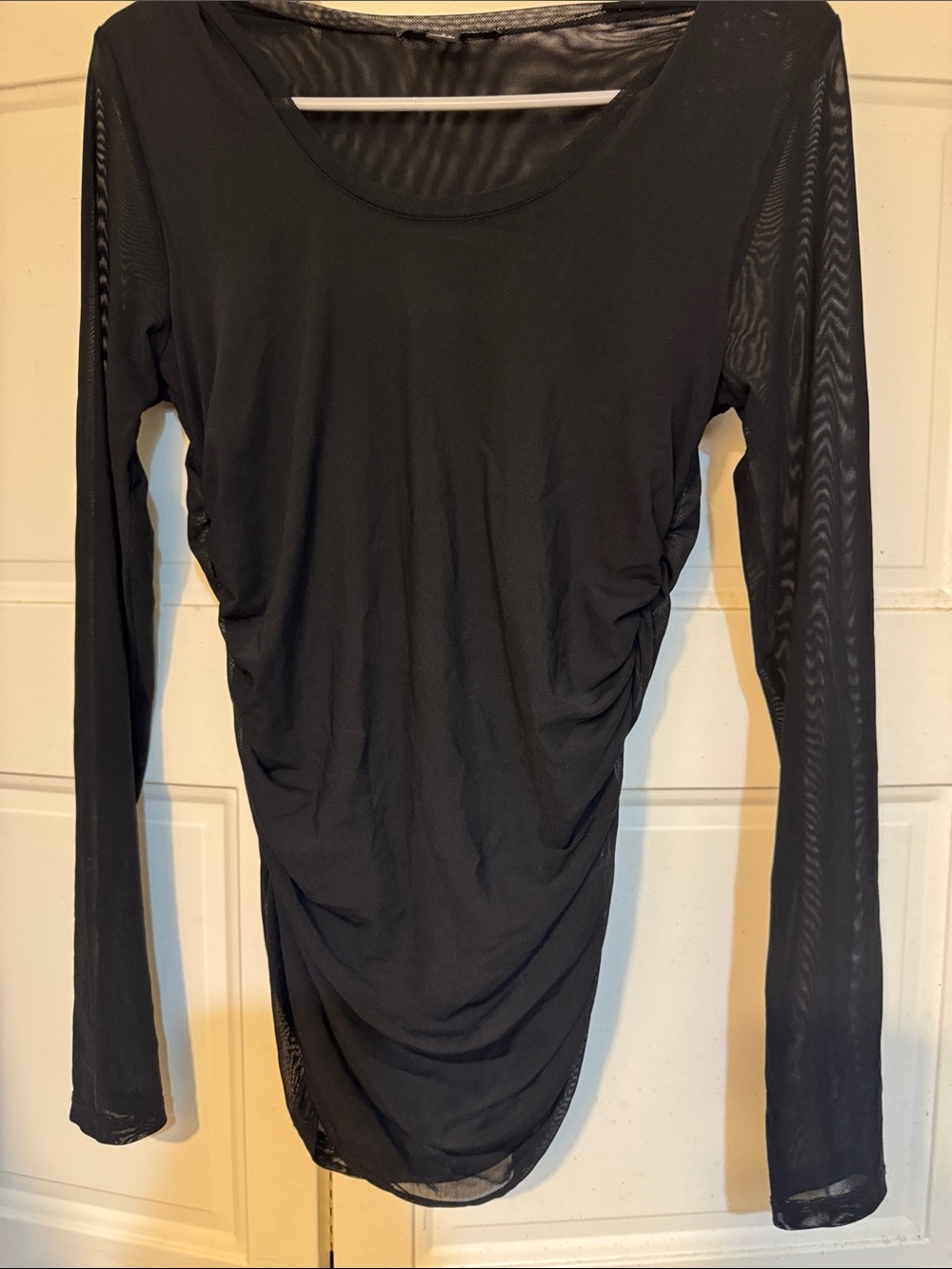 INC Black Long-Mesh Sleeve Ruched Women's Top